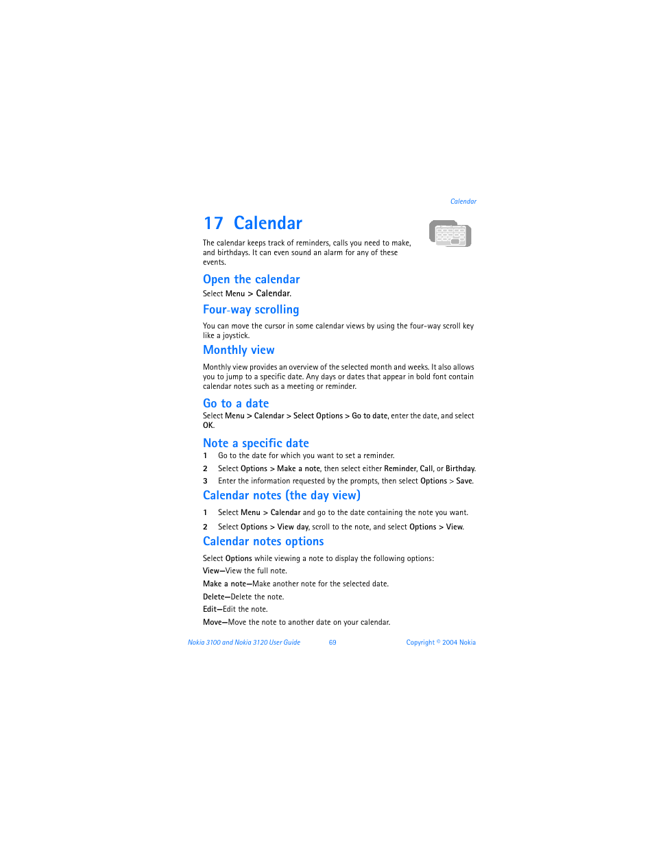 17 calendar, Calendar, Open the calendar | Four, Way scrolling, Monthly view, Go to a date | Nokia 3120b User Manual | Page 78 / 131