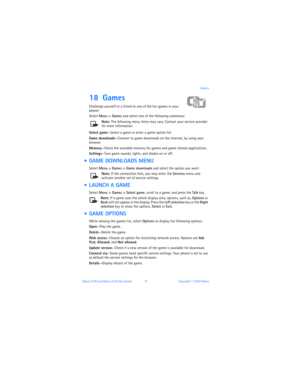 18 games, Game downloads menu, Launch a game | Game options, Games, Game downloads menu launch a game game options | Nokia 3120b User Manual | Page 80 / 131