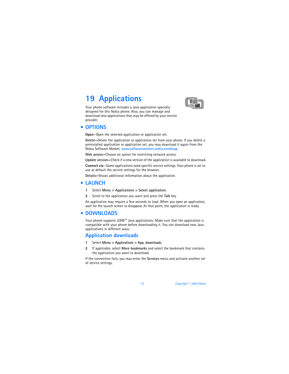 19 applications, Options, Launch | Downloads, Applications, Options launch downloads, Application downloads | Nokia 3120b User Manual | Page 81 / 131
