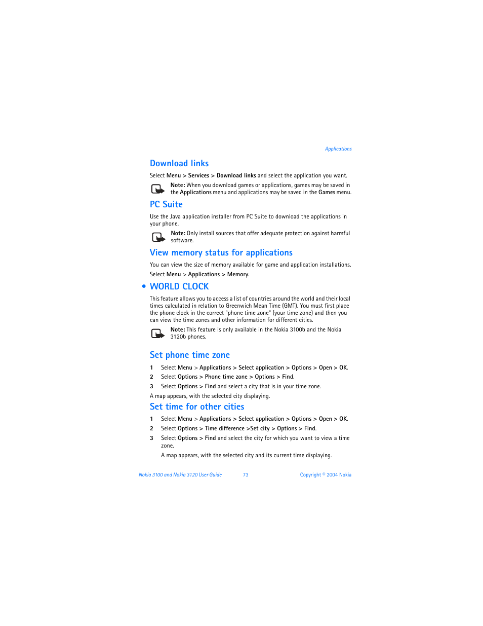 World clock, Download links, Pc suite | Set phone time zone, Set time for other cities | Nokia 3120b User Manual | Page 82 / 131