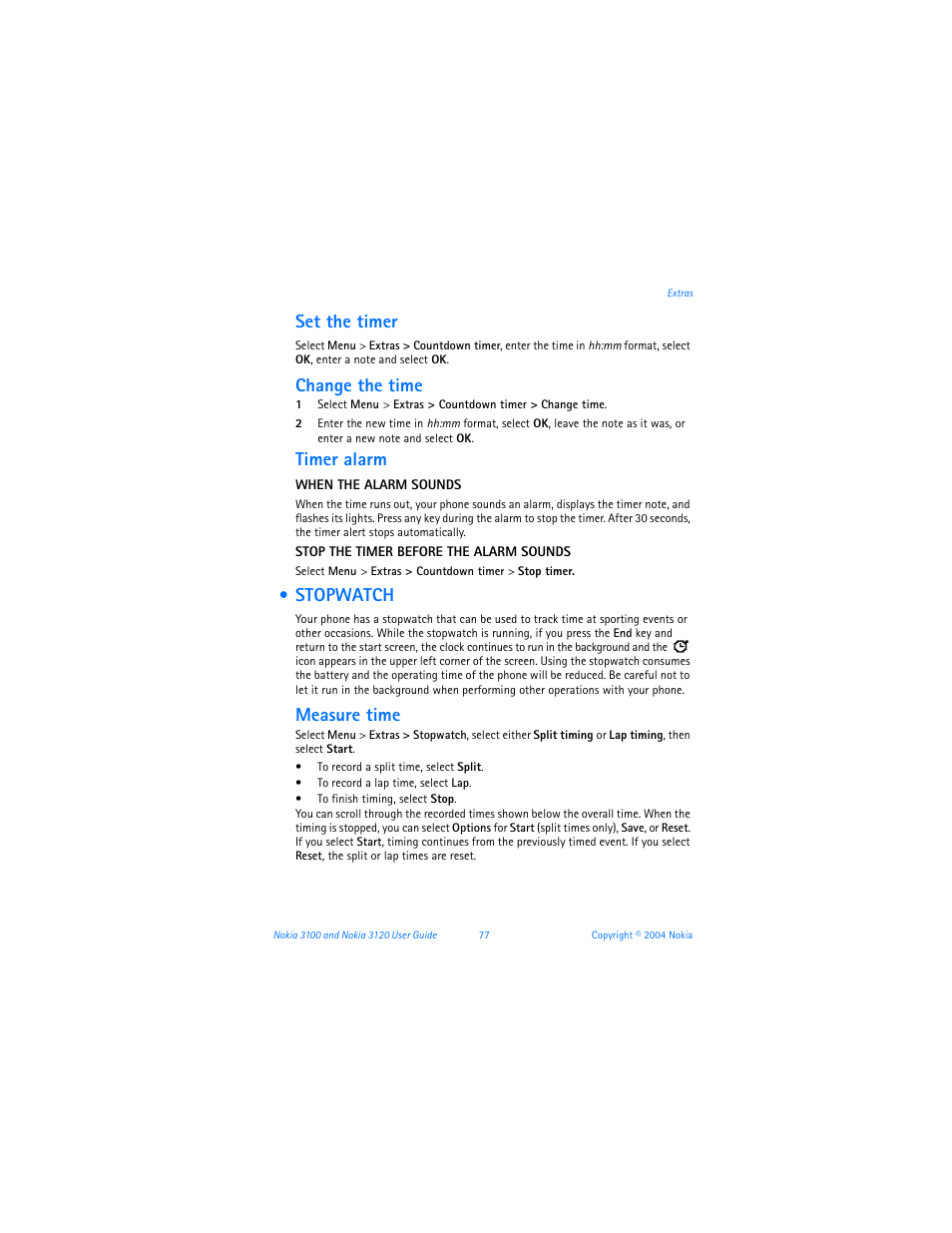 Stopwatch, Set the timer, Change the time | Timer alarm, Measure time | Nokia 3120b User Manual | Page 86 / 131