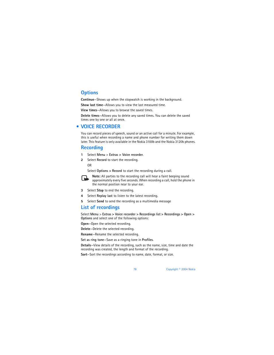 Voice recorder, Options, Recording | List of recordings | Nokia 3120b User Manual | Page 87 / 131