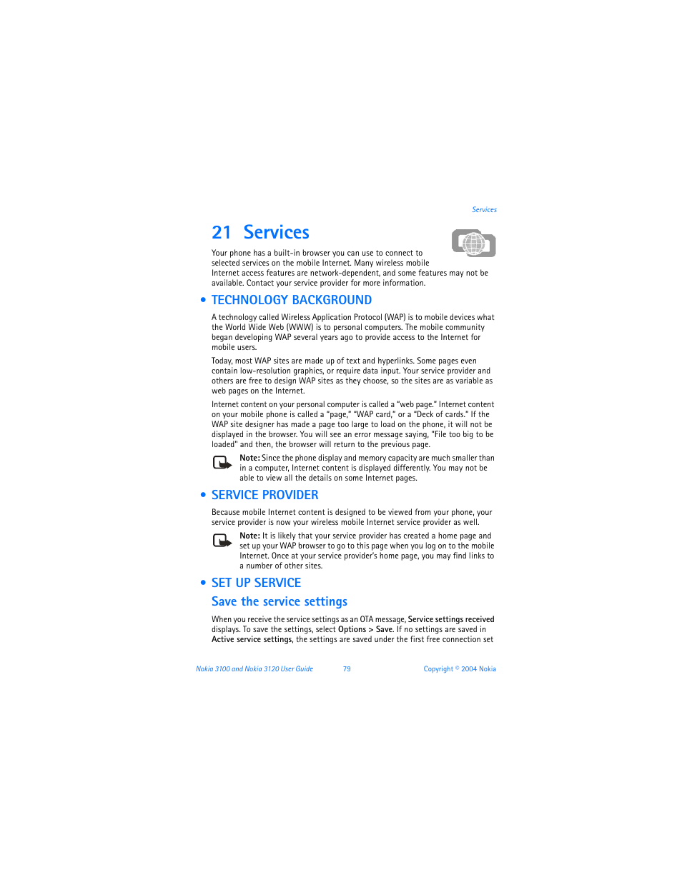 21 services, Technology background, Service provider | Set up service, Services, Set up service save the service settings | Nokia 3120b User Manual | Page 88 / 131