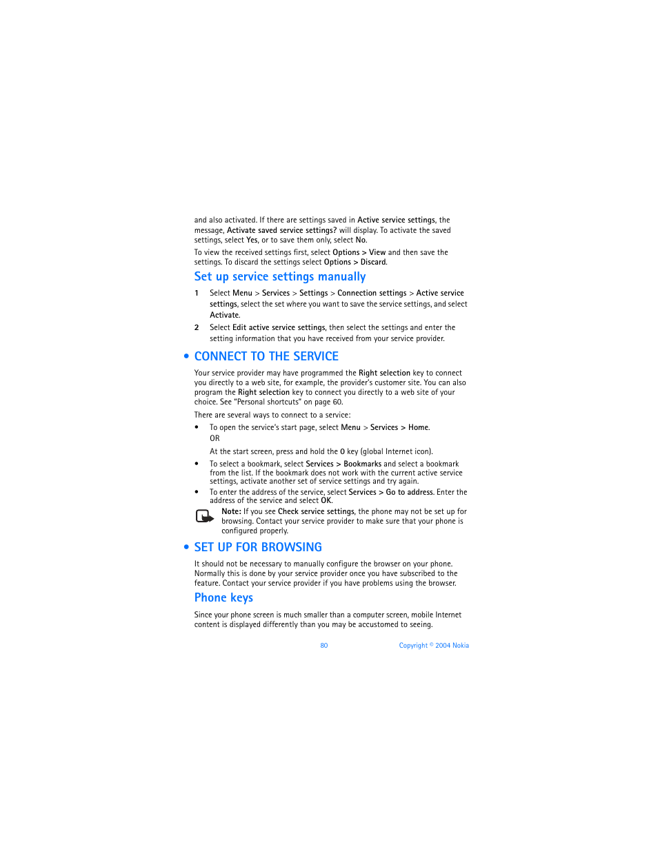 Connect to the service, Set up for browsing, Connect to the service set up for browsing | Set up service settings manually, Phone keys | Nokia 3120b User Manual | Page 89 / 131