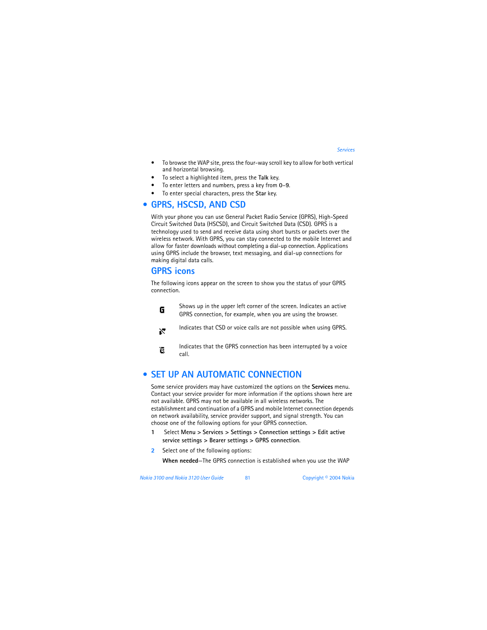 Gprs, hscsd, and csd, Set up an automatic connection, Gprs icons | Nokia 3120b User Manual | Page 90 / 131