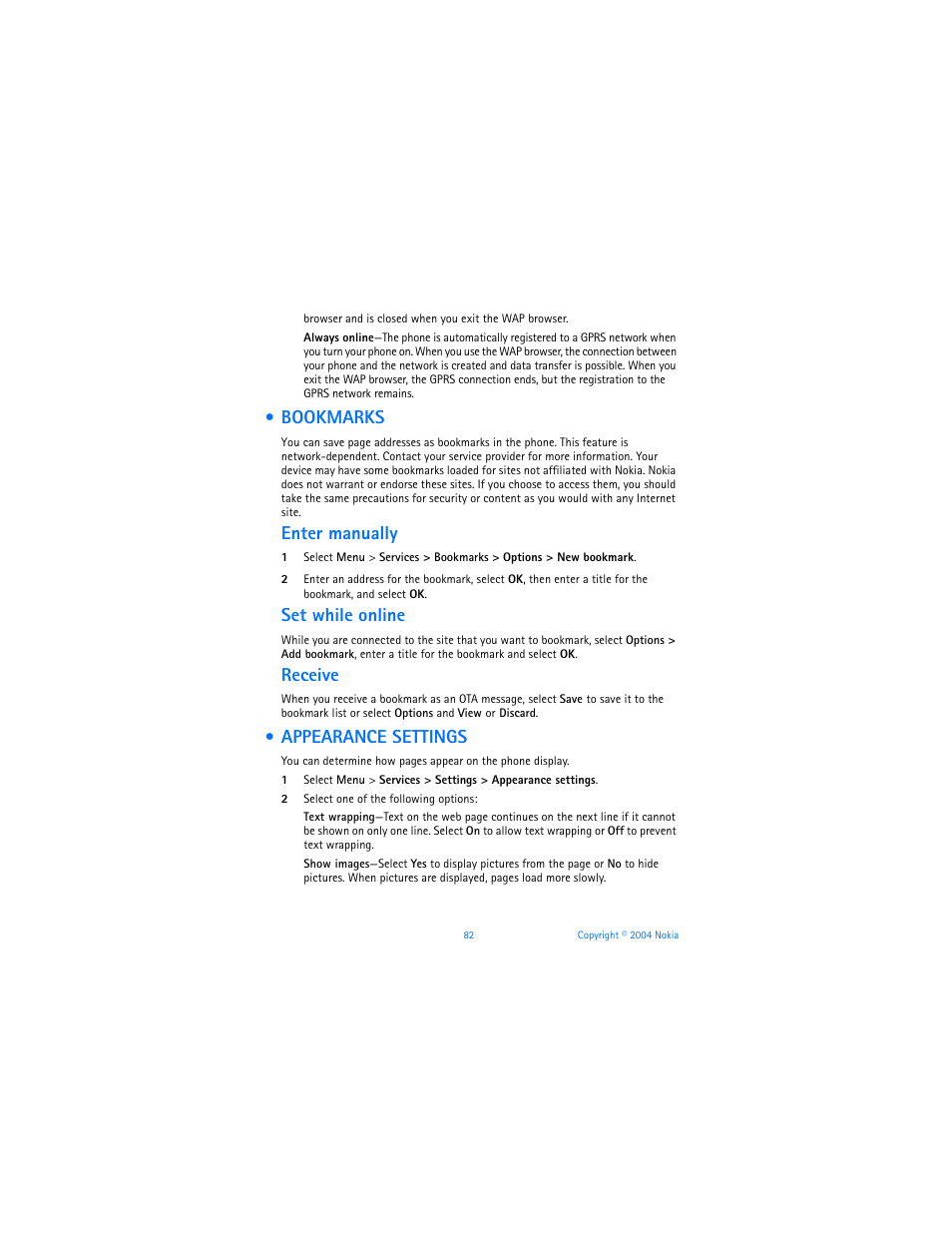 Bookmarks, Appearance settings, Bookmarks appearance settings | Enter manually, Set while online, Receive | Nokia 3120b User Manual | Page 91 / 131