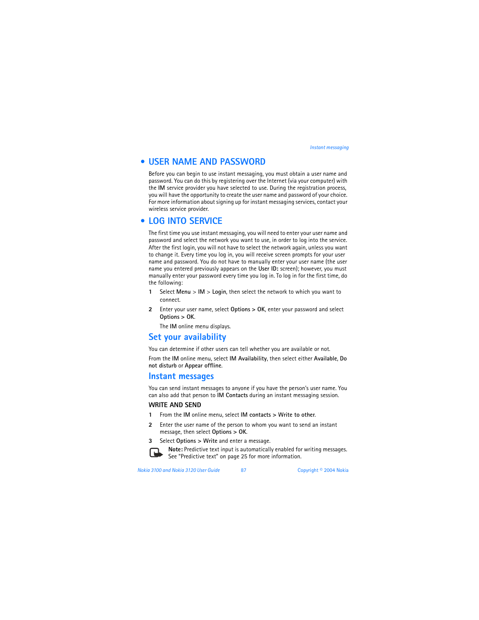 User name and password, Log into service, User name and password log into service | Set your availability, Instant messages | Nokia 3120b User Manual | Page 96 / 131