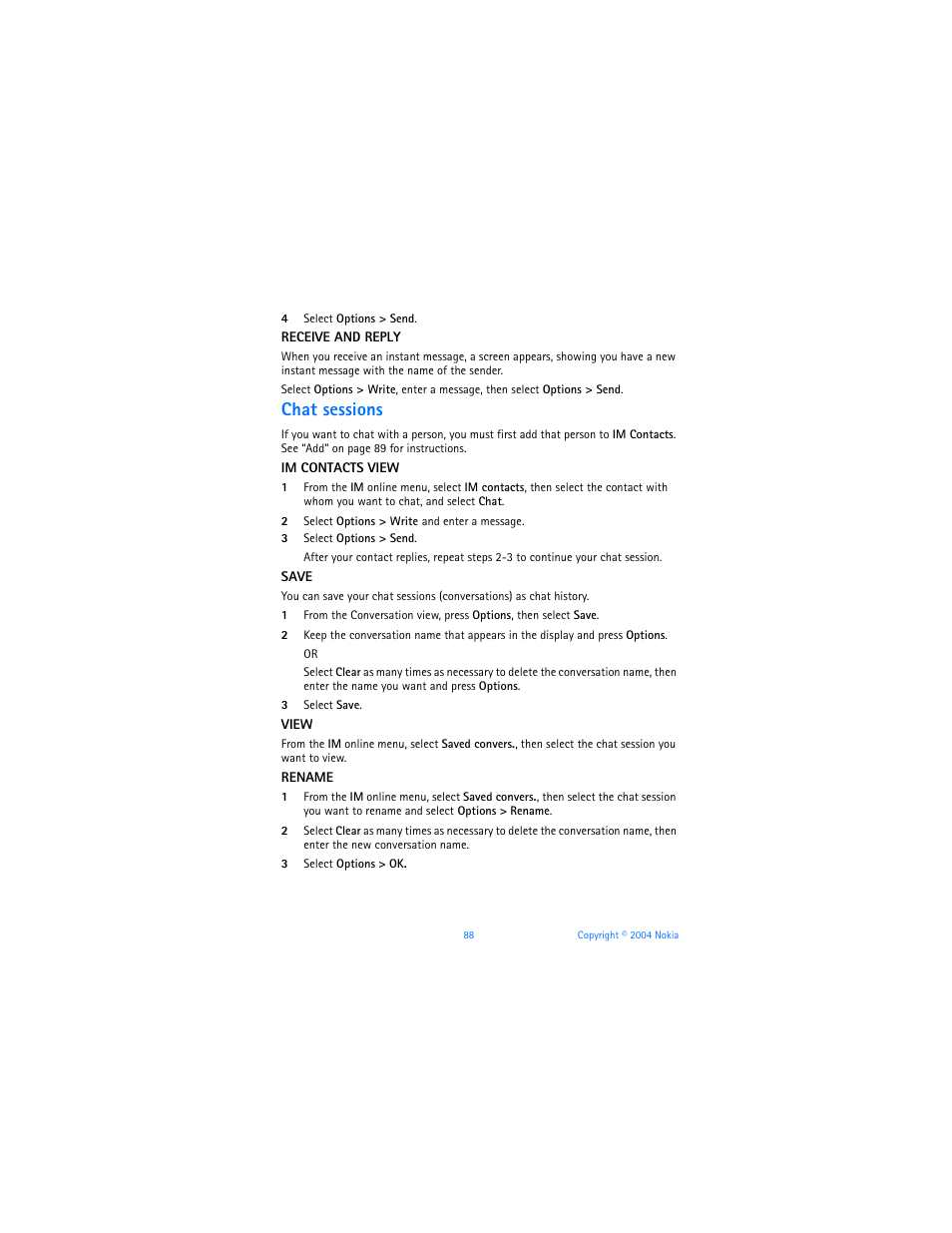 Chat sessions | Nokia 3120b User Manual | Page 97 / 131