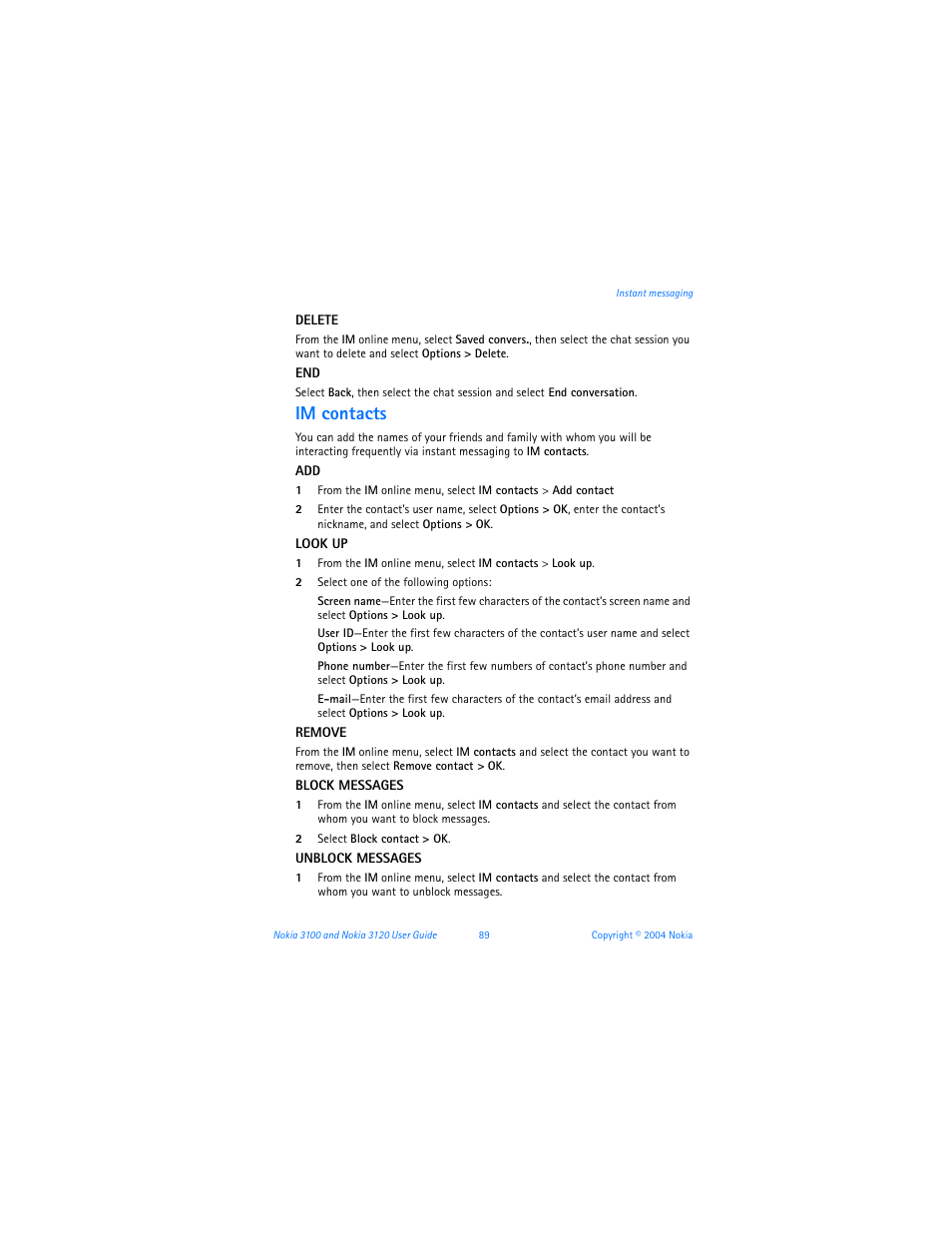 Im contacts | Nokia 3120b User Manual | Page 98 / 131