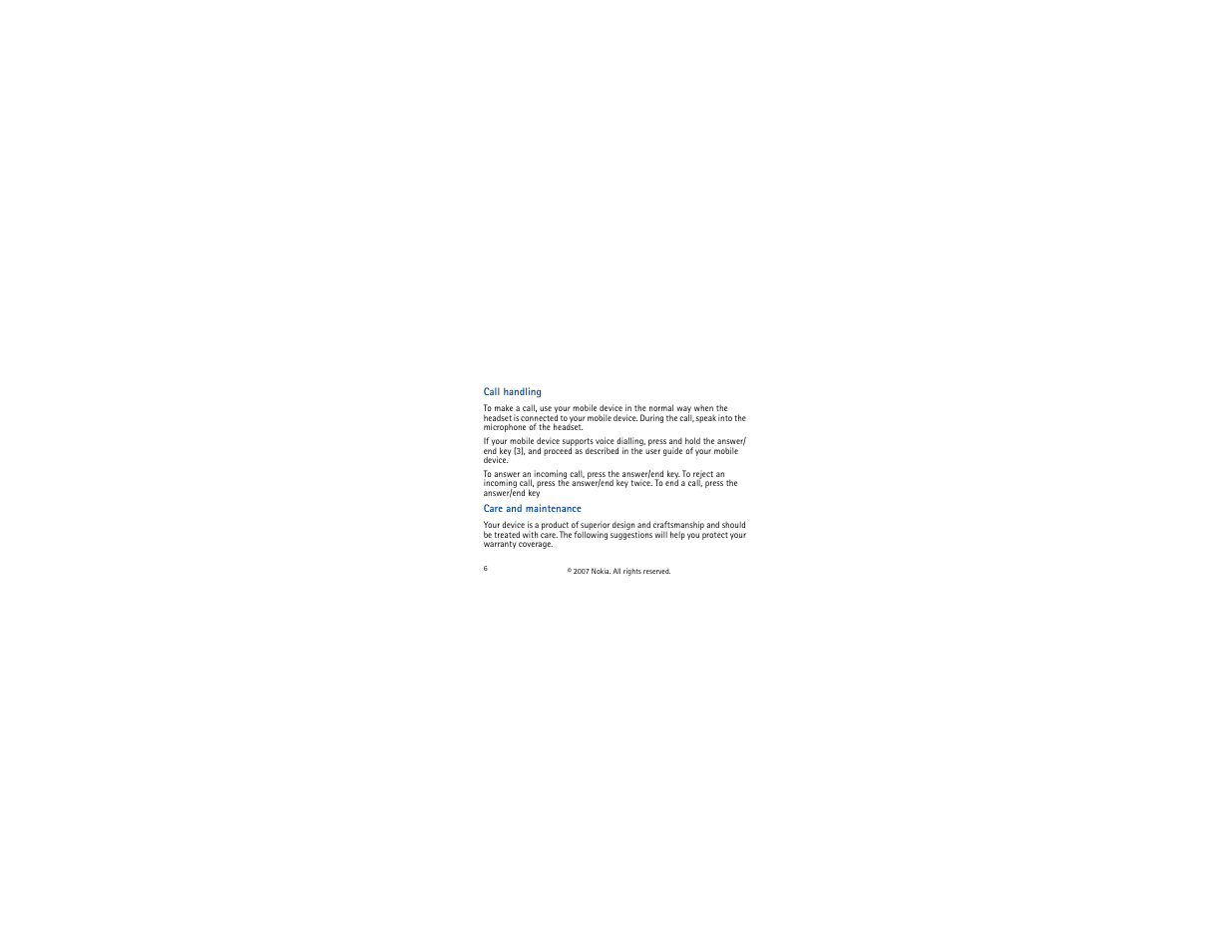 Call handling, Care and maintenance | Nokia WH-700 User Manual | Page 6 / 8