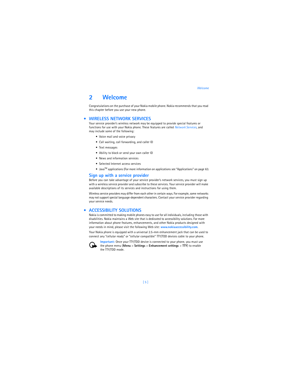 2 welcome, Wireless network services, Accessibility solutions | 2welcome, Sign up with a service provider | Nokia 2285 User Manual | Page 10 / 201