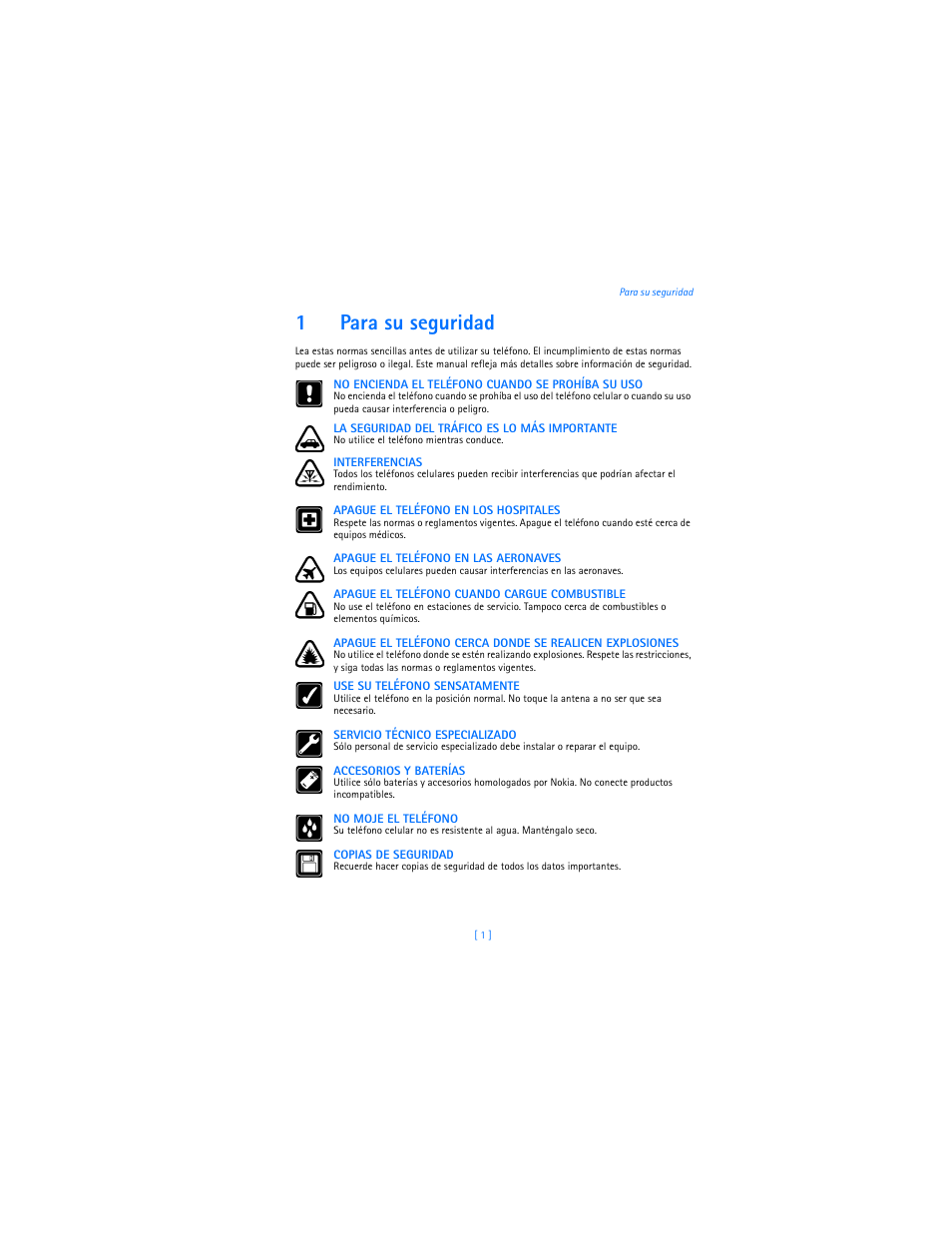 1 para su seguridad, 1para su seguridad | Nokia 2285 User Manual | Page 106 / 201