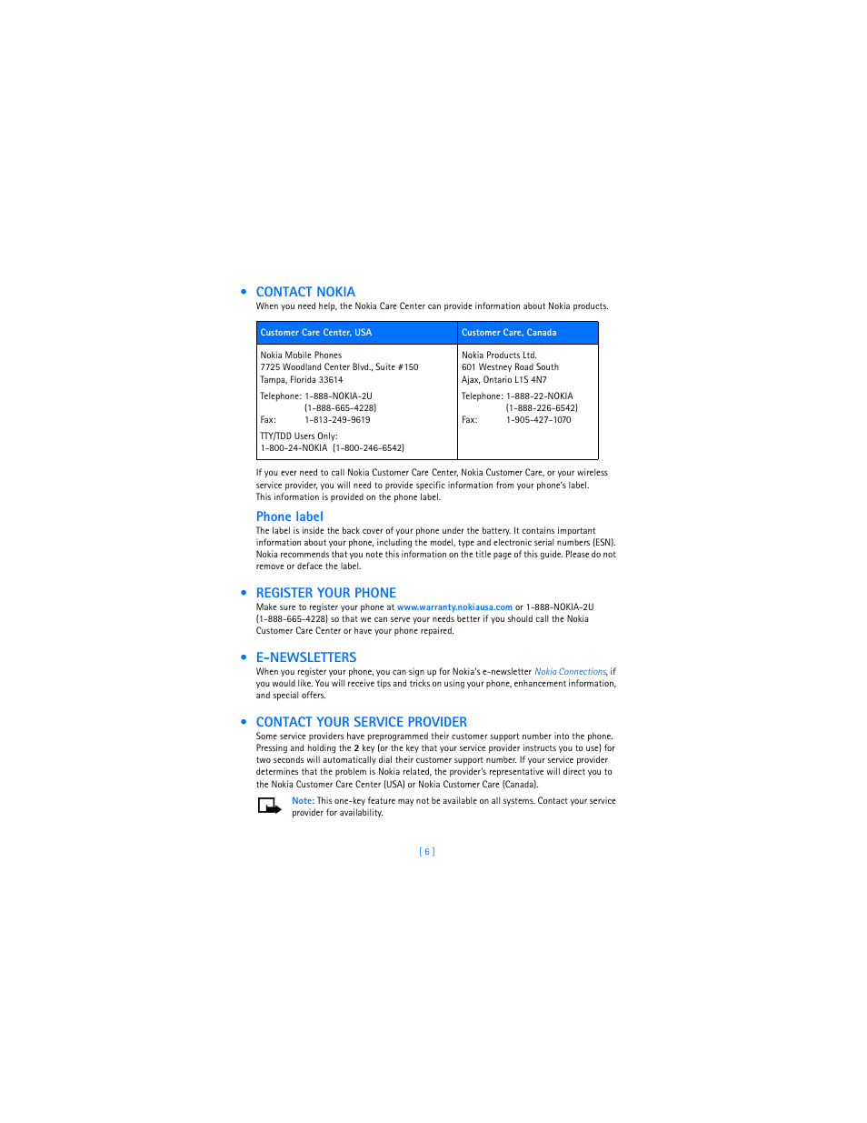 Contact nokia, Register your phone, E-newsletters | Contact your service provider, Phone label | Nokia 2285 User Manual | Page 11 / 201