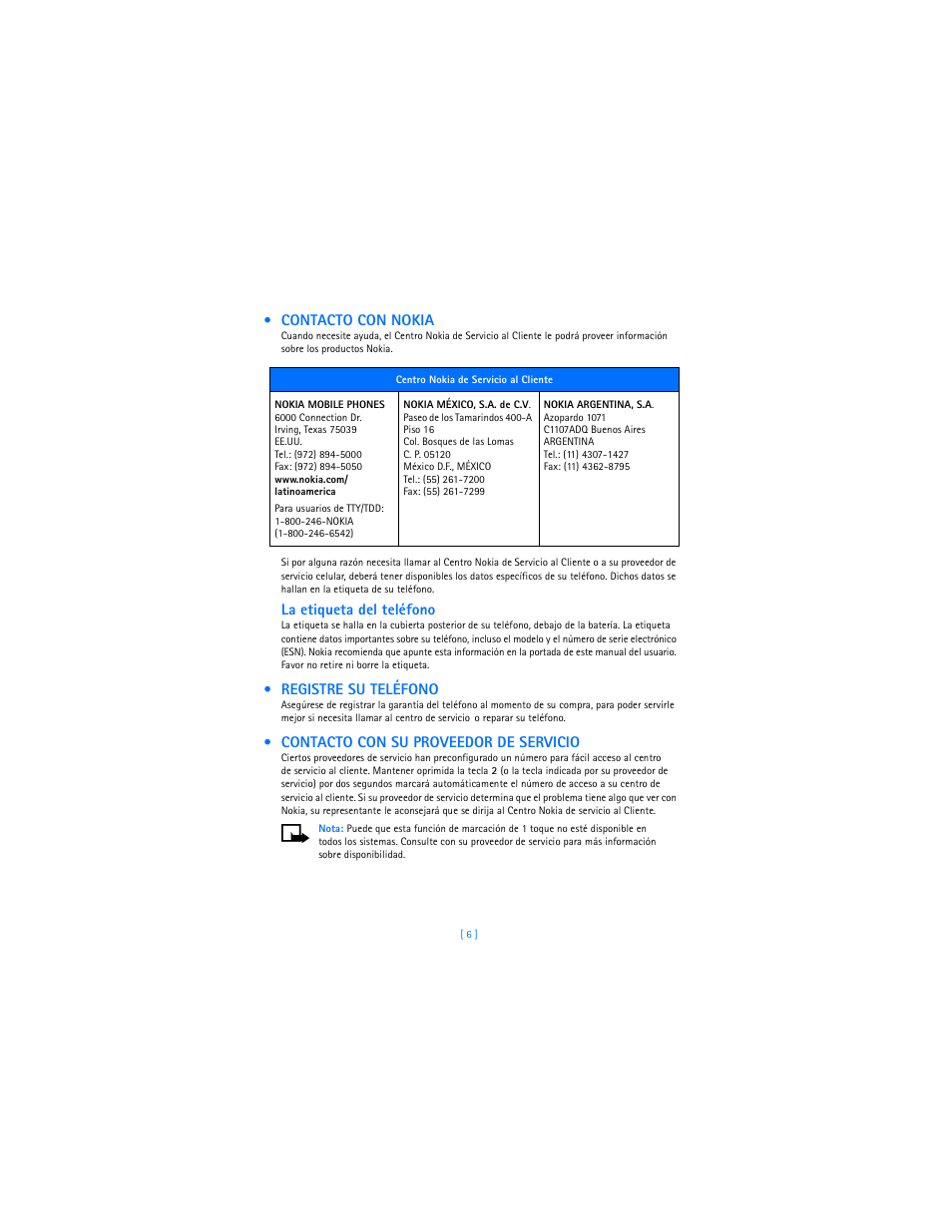 Contacto con nokia, Registre su teléfono, Contacto con su proveedor de servicio | La etiqueta del teléfono | Nokia 2285 User Manual | Page 111 / 201