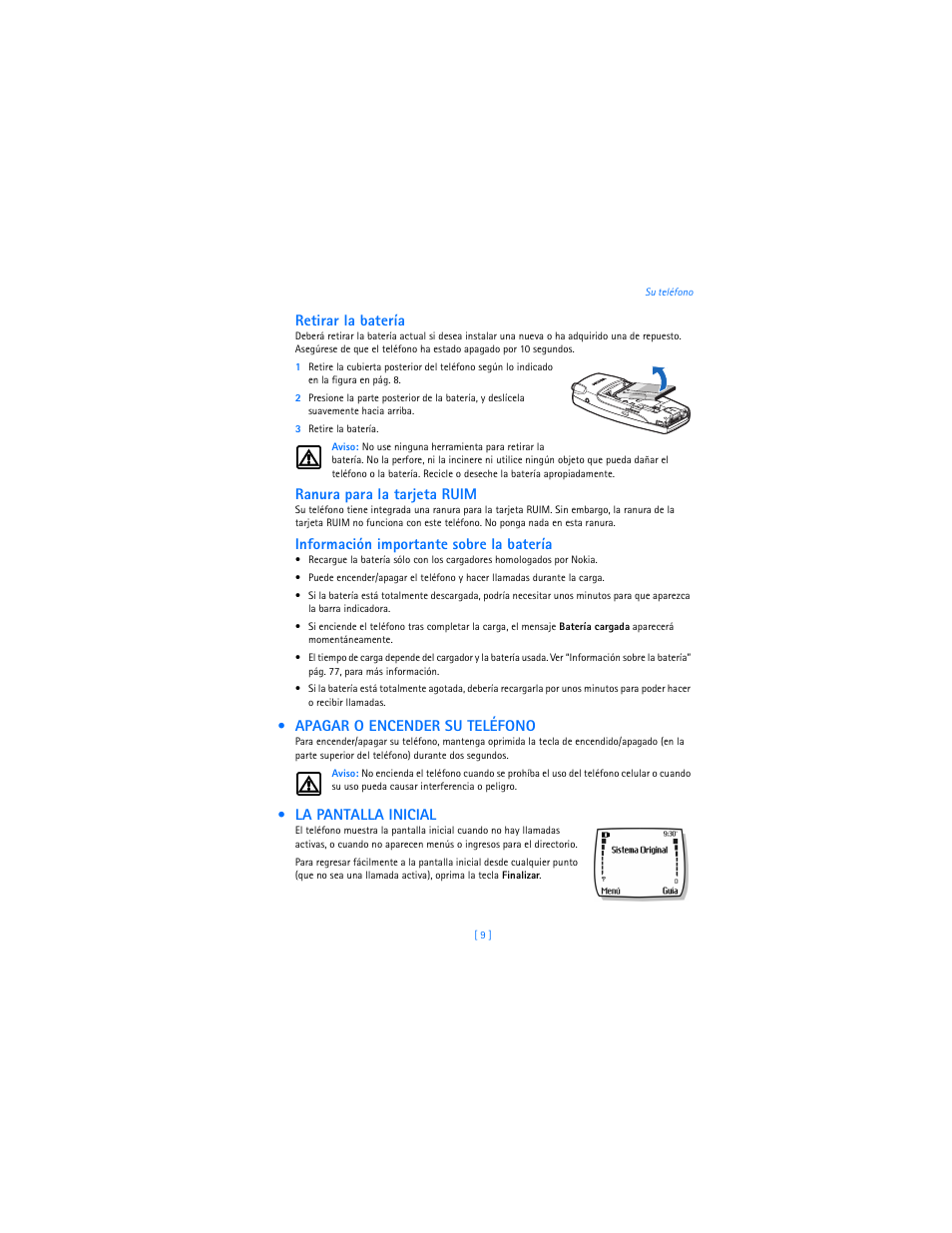 Apagar o encender su teléfono, La pantalla inicial, Retirar la batería | Ranura para la tarjeta ruim, Información importante sobre la batería | Nokia 2285 User Manual | Page 114 / 201