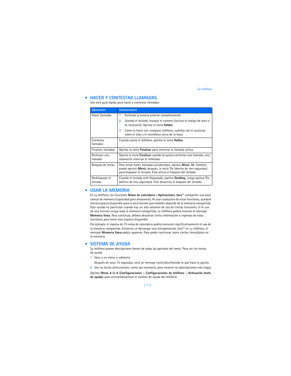 Hacer y contestar llamadas, Usar la memoria, Sistema de ayuda | Nokia 2285 User Manual | Page 116 / 201