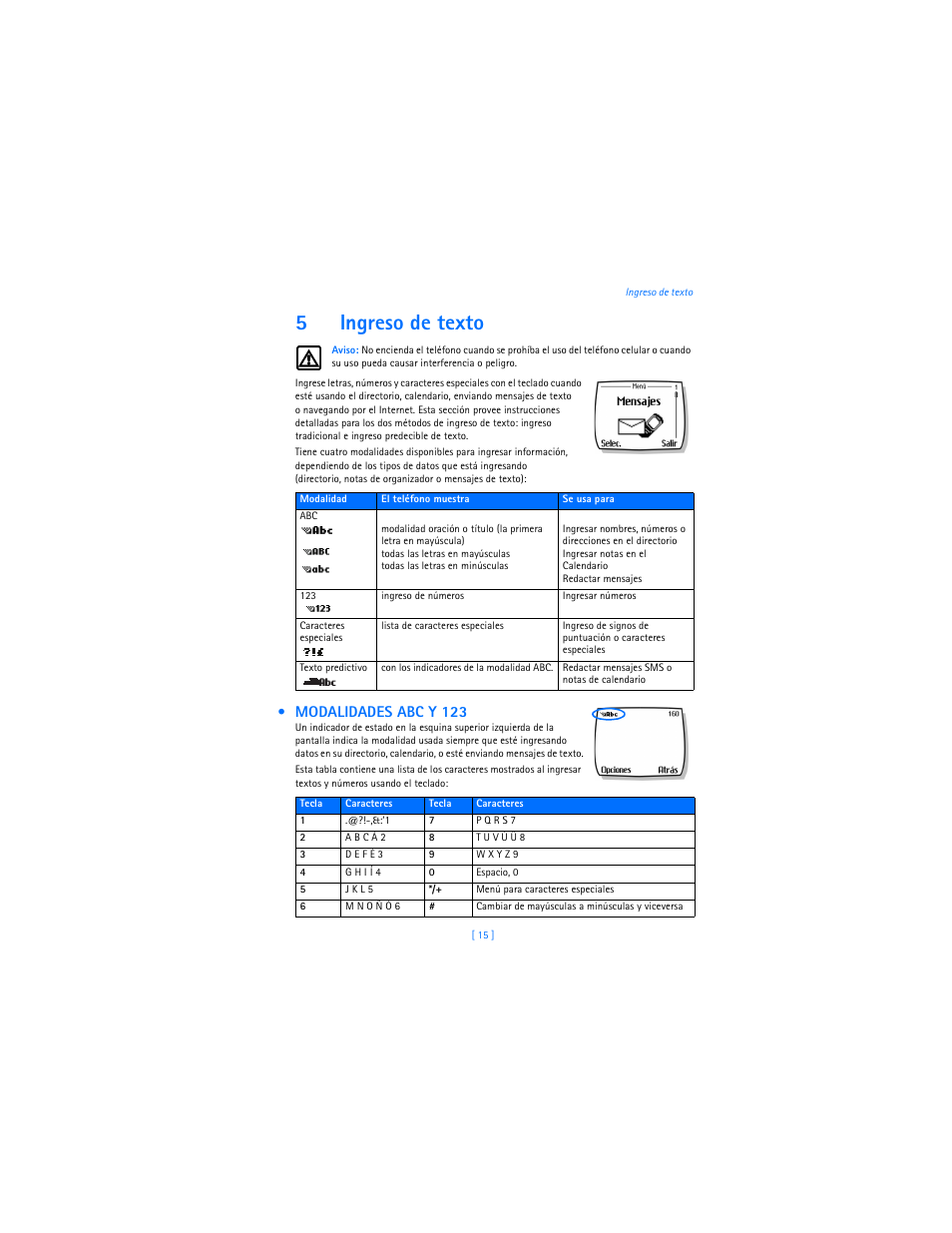 5 ingreso de texto, Modalidades abc y 123, 5ingreso de texto | Nokia 2285 User Manual | Page 120 / 201