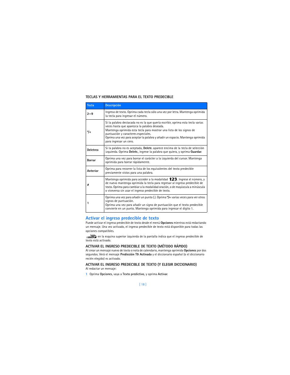 Activar el ingreso predecible de texto | Nokia 2285 User Manual | Page 123 / 201