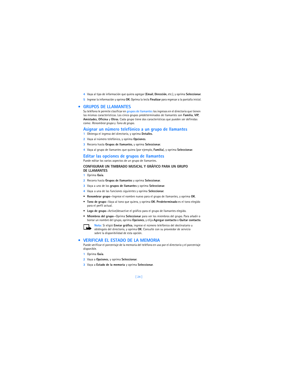 Grupos de llamantes, Verificar el estado de la memoria, Editar las opciones de grupos de llamantes | Nokia 2285 User Manual | Page 129 / 201