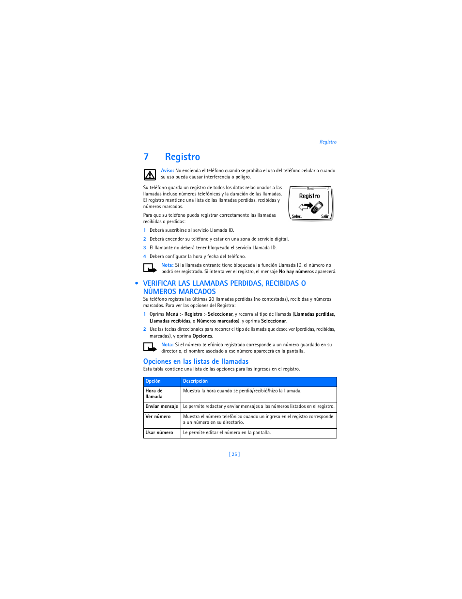 7 registro, 7registro, Opciones en las listas de llamadas | Nokia 2285 User Manual | Page 130 / 201