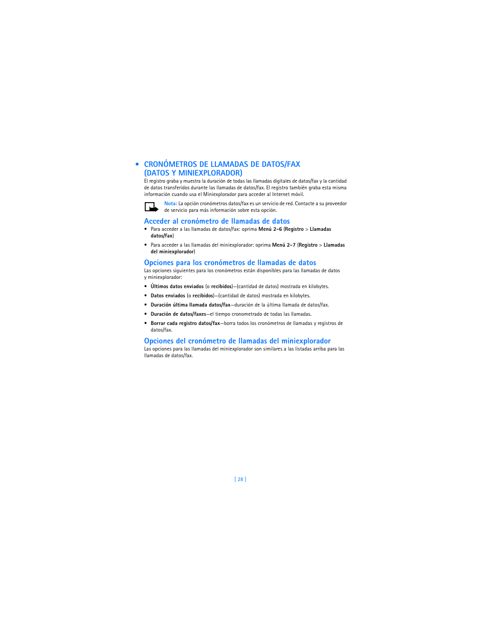 Acceder al cronómetro de llamadas de datos, Opciones para los cronómetros de llamadas de datos | Nokia 2285 User Manual | Page 133 / 201