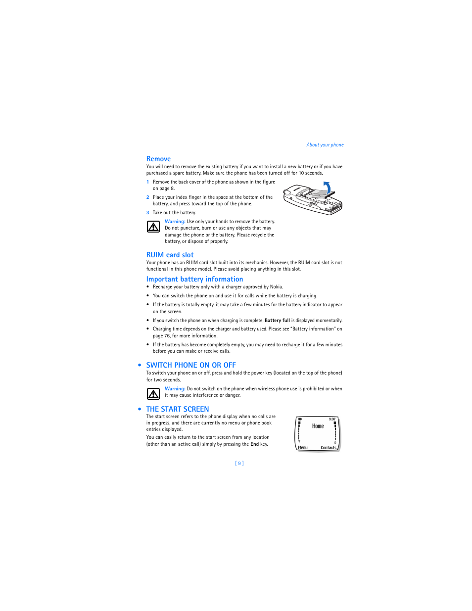 Switch phone on or off, The start screen, Remove | Ruim card slot, Important battery information | Nokia 2285 User Manual | Page 14 / 201