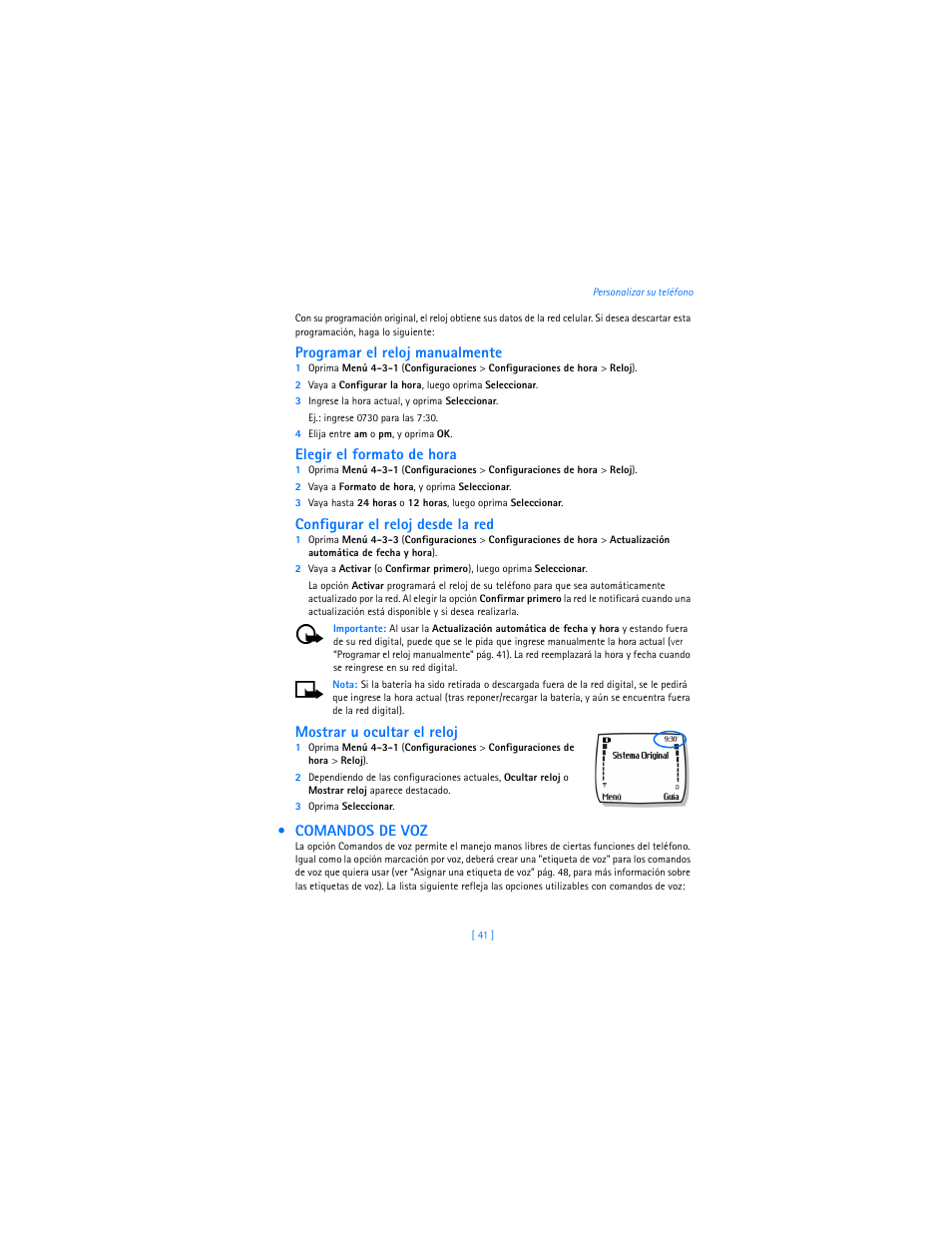Comandos de voz, Programar el reloj manualmente, Elegir el formato de hora | Configurar el reloj desde la red, Mostrar u ocultar el reloj | Nokia 2285 User Manual | Page 146 / 201