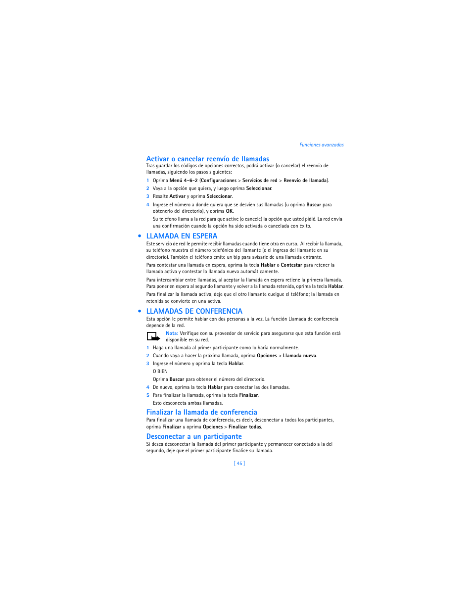 Llamada en espera, Llamadas de conferencia, Activar o cancelar reenvío de llamadas | Finalizar la llamada de conferencia, Desconectar a un participante | Nokia 2285 User Manual | Page 150 / 201