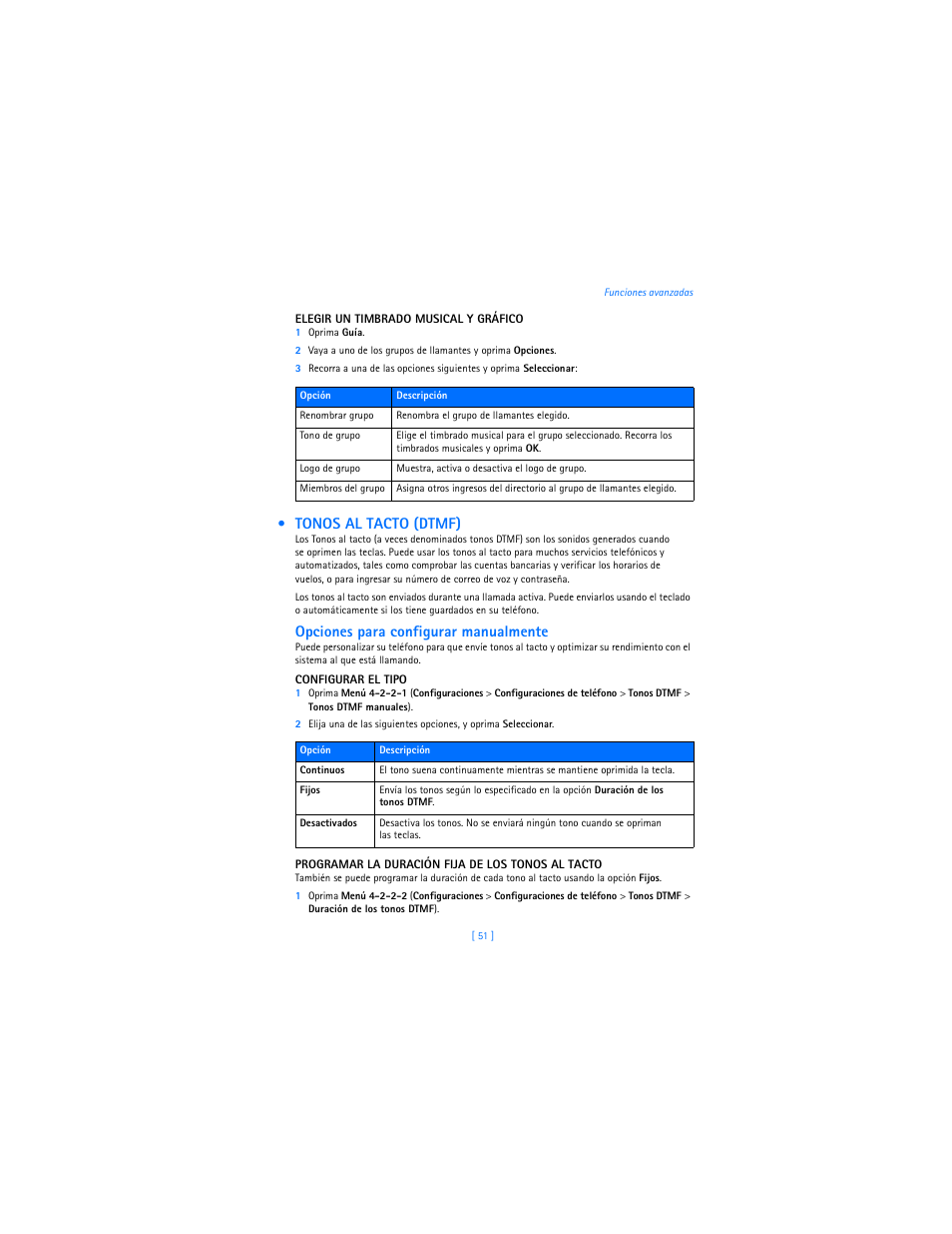 Tonos al tacto (dtmf), Opciones para configurar manualmente | Nokia 2285 User Manual | Page 156 / 201