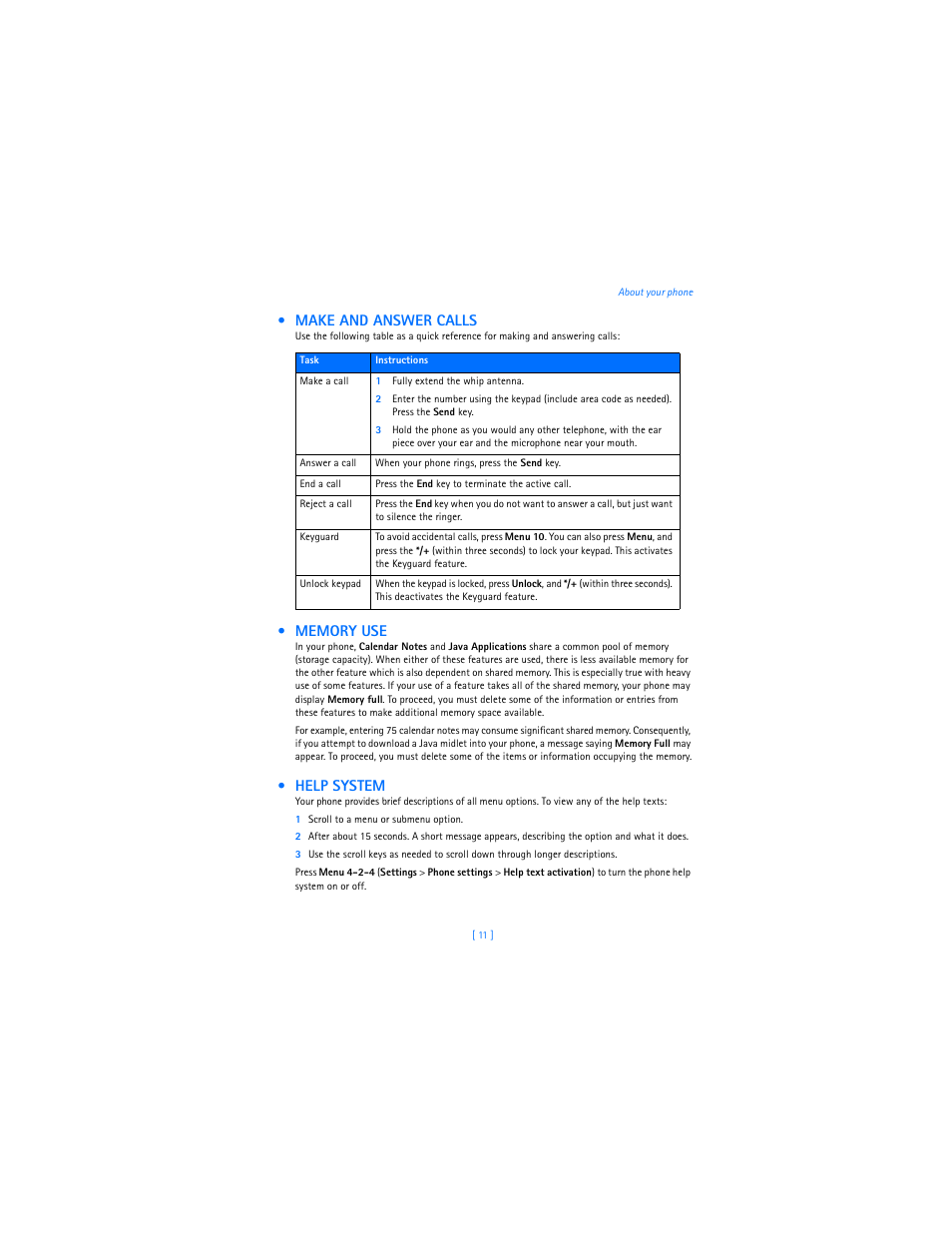 Make and answer calls, Memory use, Help system | Nokia 2285 User Manual | Page 16 / 201