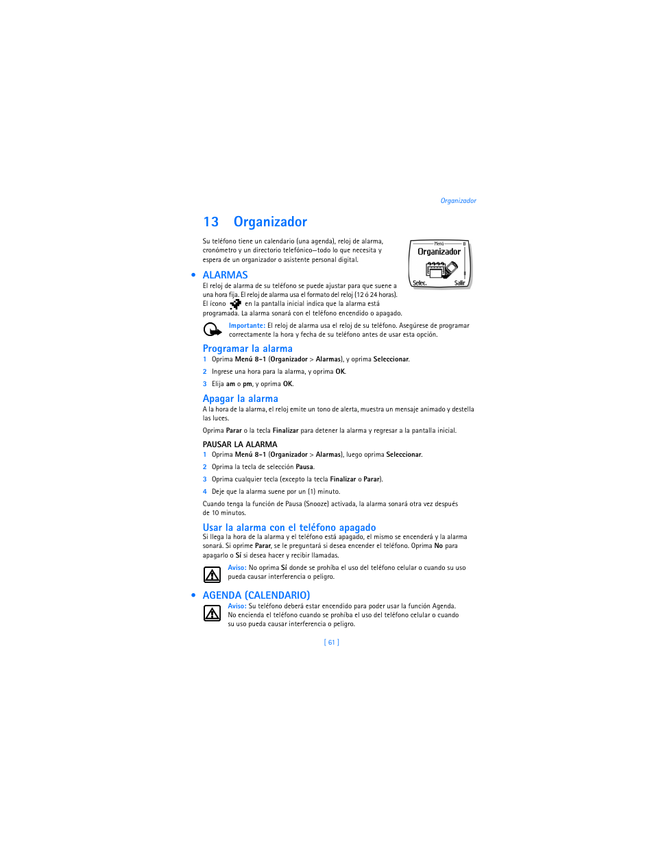 13 organizador, Alarmas, Agenda (calendario) | Programar la alarma, Apagar la alarma, Usar la alarma con el teléfono apagado | Nokia 2285 User Manual | Page 166 / 201