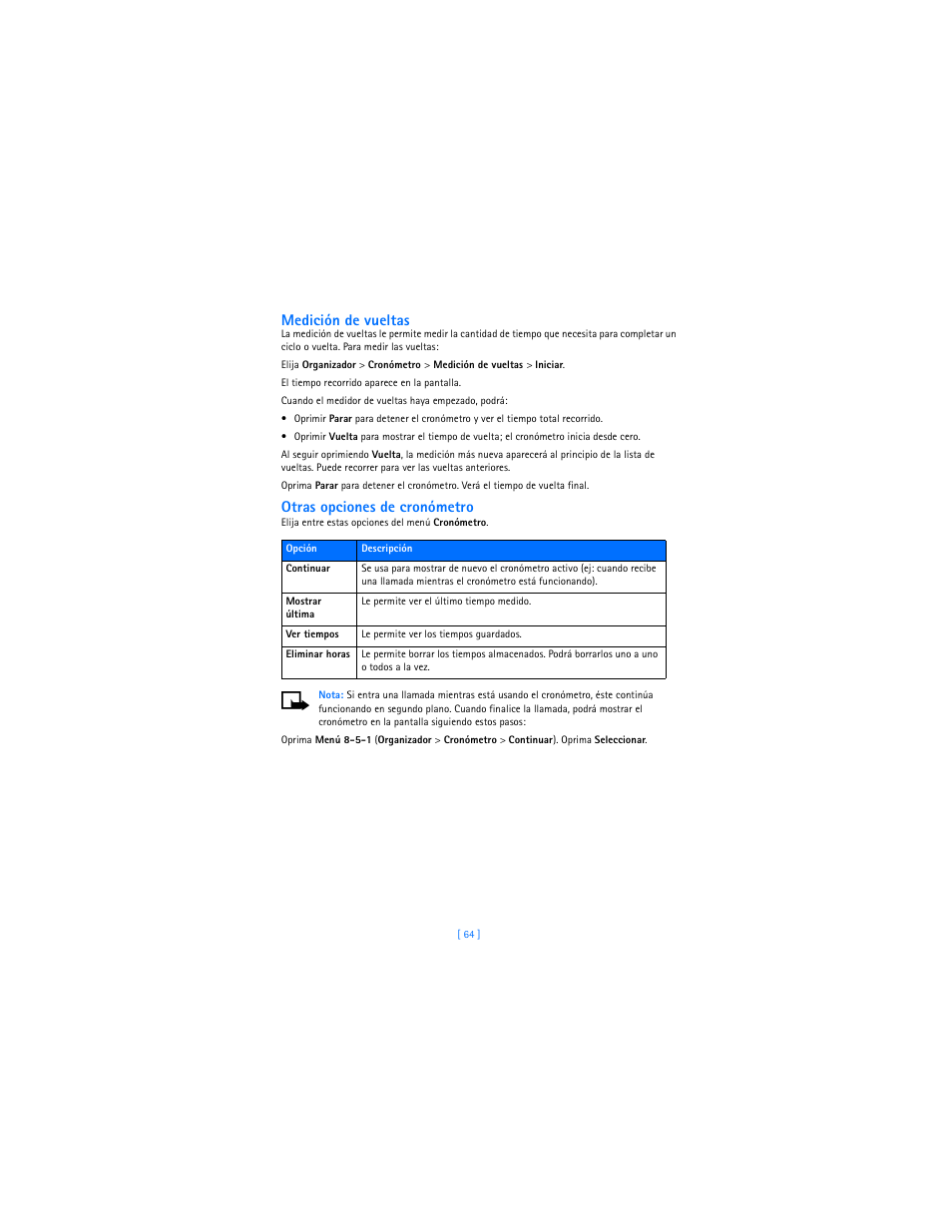 Medición de vueltas, Otras opciones de cronómetro | Nokia 2285 User Manual | Page 169 / 201