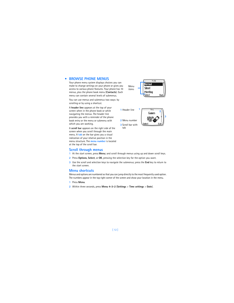 Browse phone menus, Scroll through menus, Menu shortcuts | Nokia 2285 User Manual | Page 17 / 201