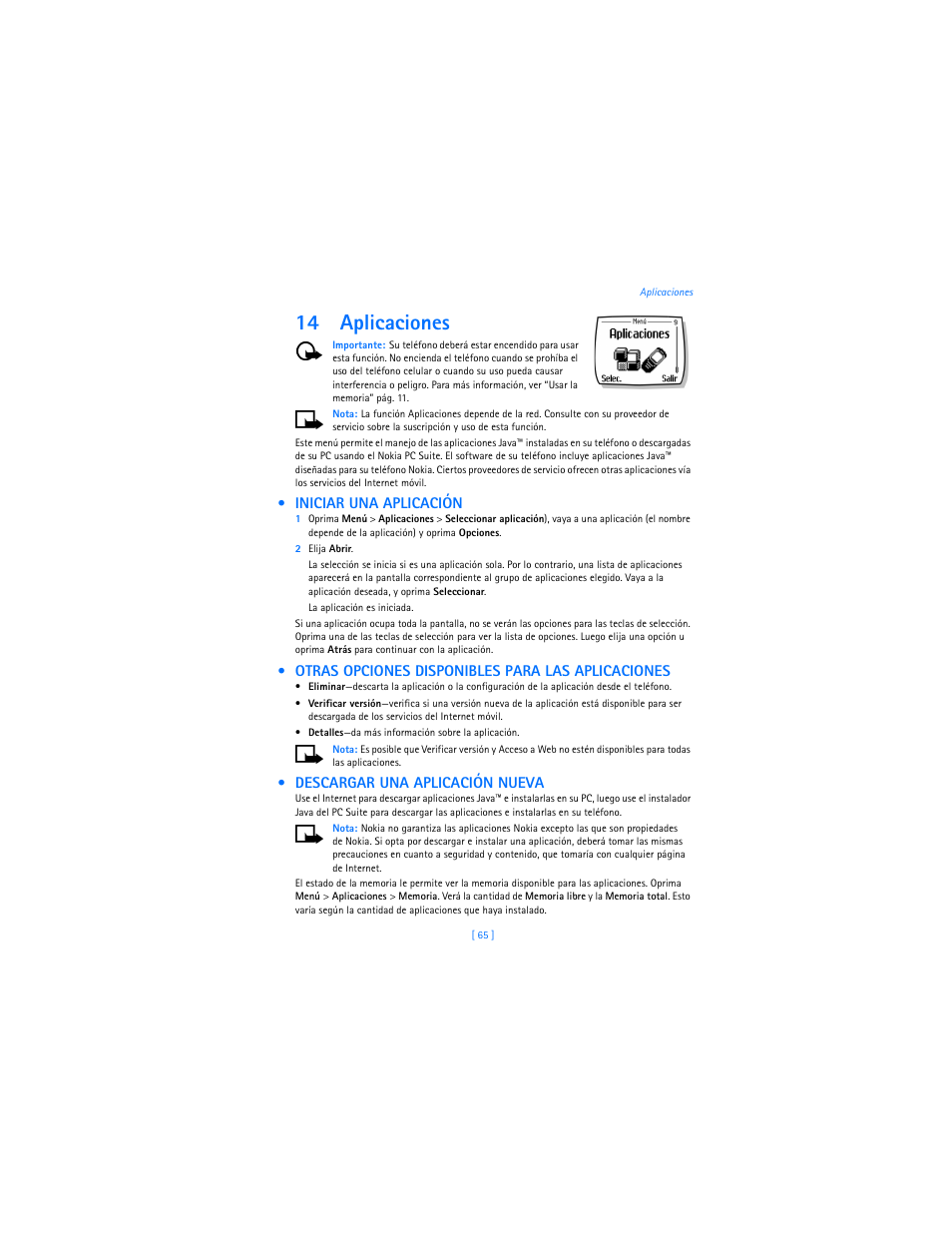 14 aplicaciones, Iniciar una aplicación, Otras opciones disponibles para las aplicaciones | Descargar una aplicación nueva | Nokia 2285 User Manual | Page 170 / 201