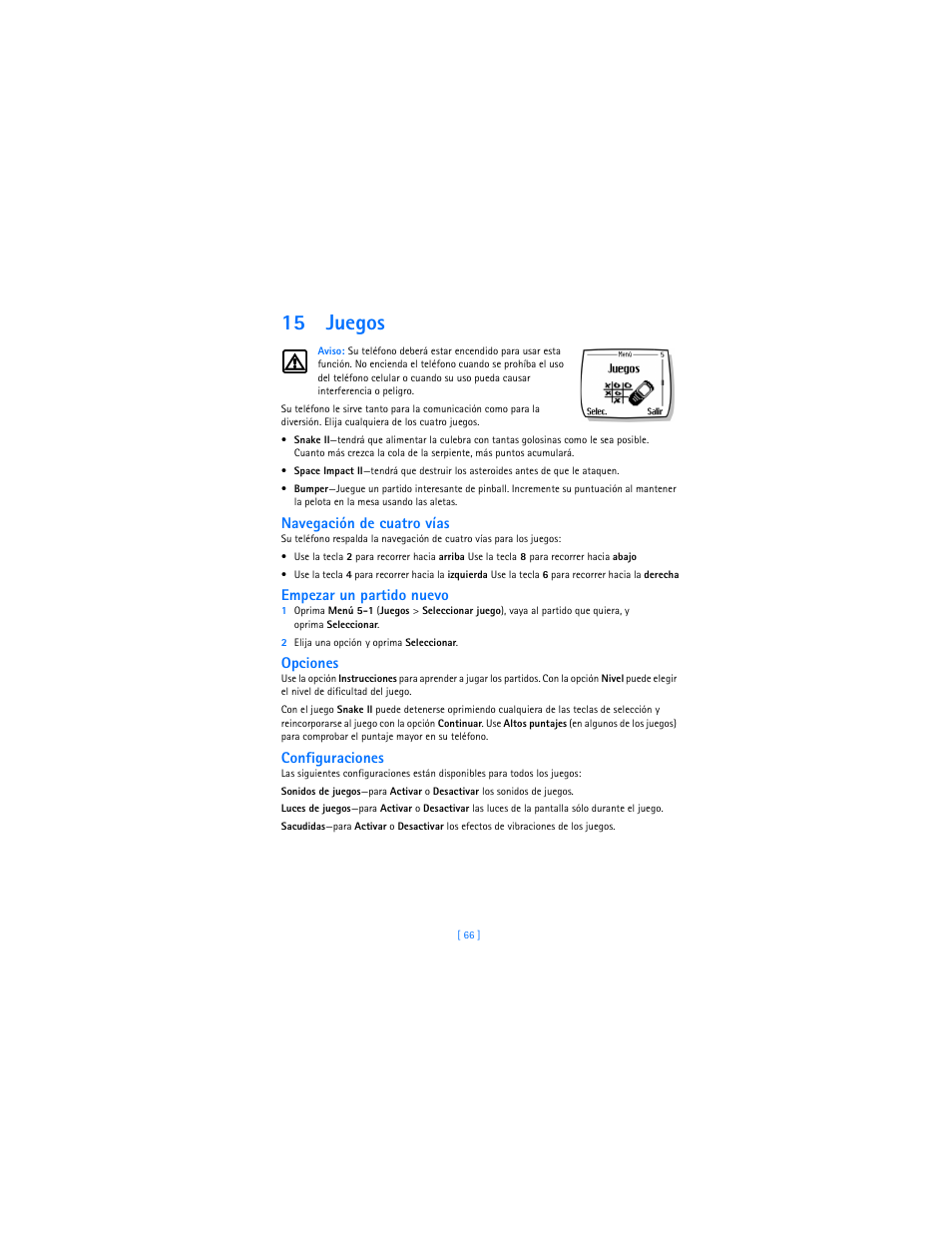 15 juegos, Navegación de cuatro vías, Empezar un partido nuevo | Opciones, Configuraciones | Nokia 2285 User Manual | Page 171 / 201