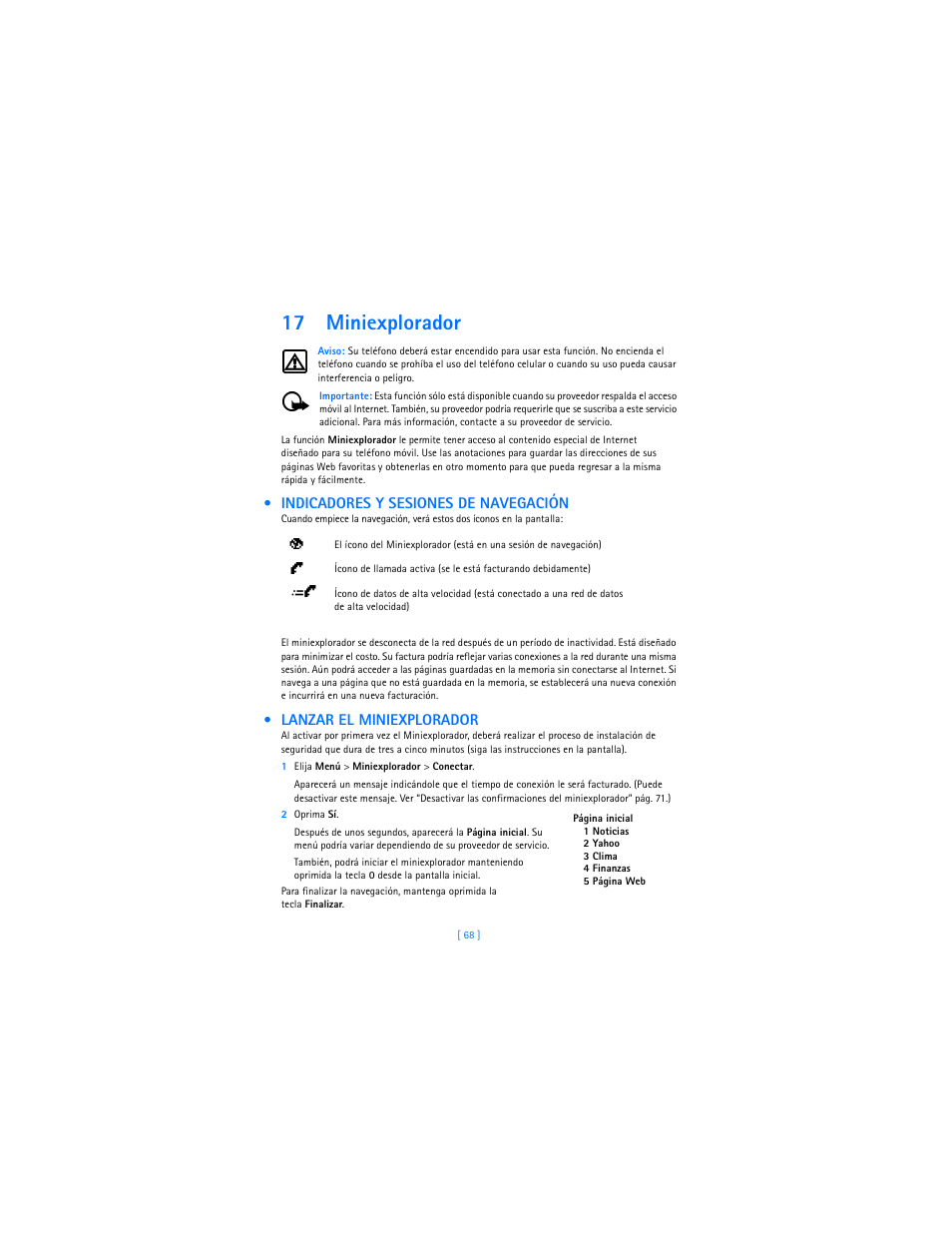 17 miniexplorador, Indicadores y sesiones de navegación, Lanzar el miniexplorador | Nokia 2285 User Manual | Page 173 / 201