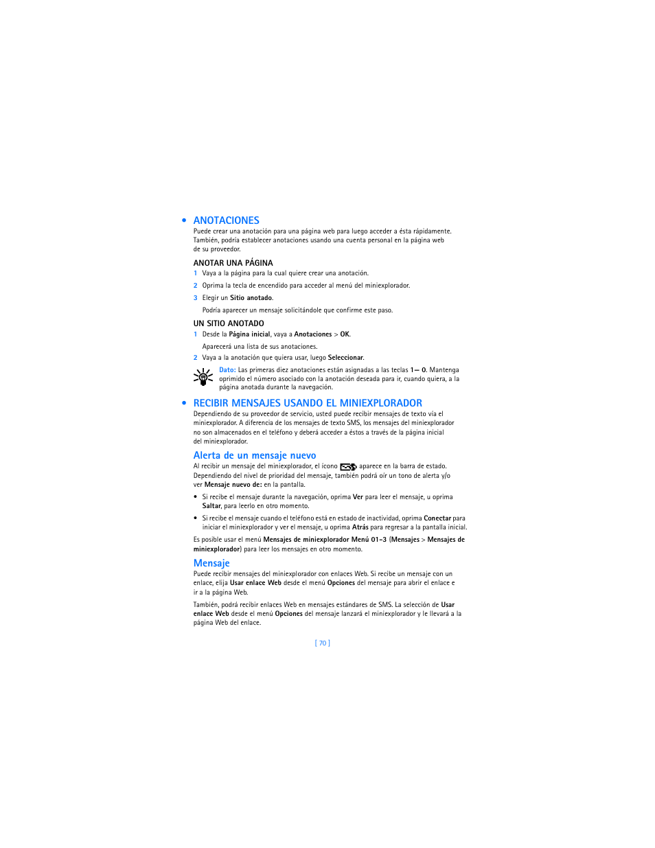 Anotaciones, Recibir mensajes usando el miniexplorador, Alerta de un mensaje nuevo | Mensaje | Nokia 2285 User Manual | Page 175 / 201