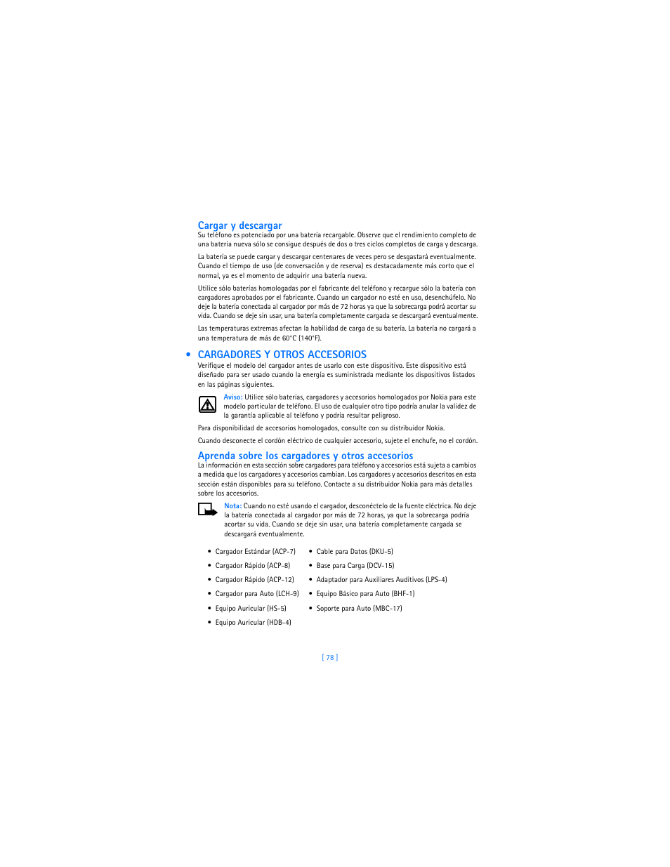 Cargadores y otros accesorios, Cargar y descargar, Aprenda sobre los cargadores y otros accesorios | Nokia 2285 User Manual | Page 183 / 201