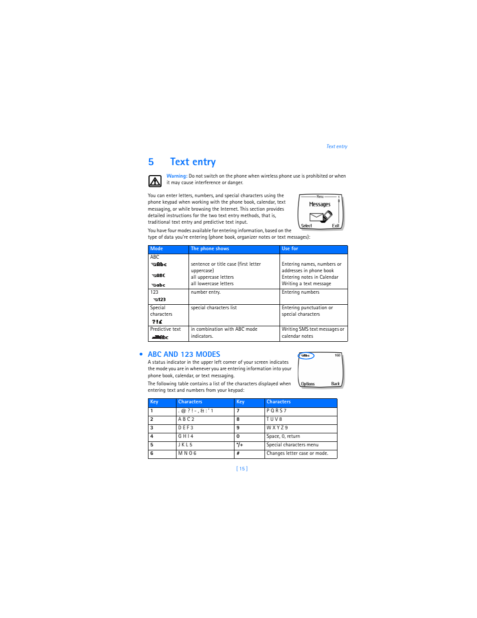 5 text entry, Abc and 123 modes, 5text entry | Nokia 2285 User Manual | Page 20 / 201