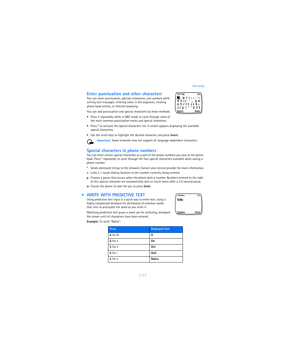 Write with predictive text, Enter punctuation and other characters, Special characters in phone numbers | Nokia 2285 User Manual | Page 22 / 201