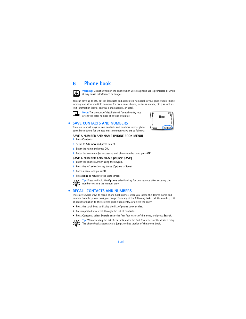 6 phone book, Save contacts and numbers, Recall contacts and numbers | 6phone book | Nokia 2285 User Manual | Page 25 / 201