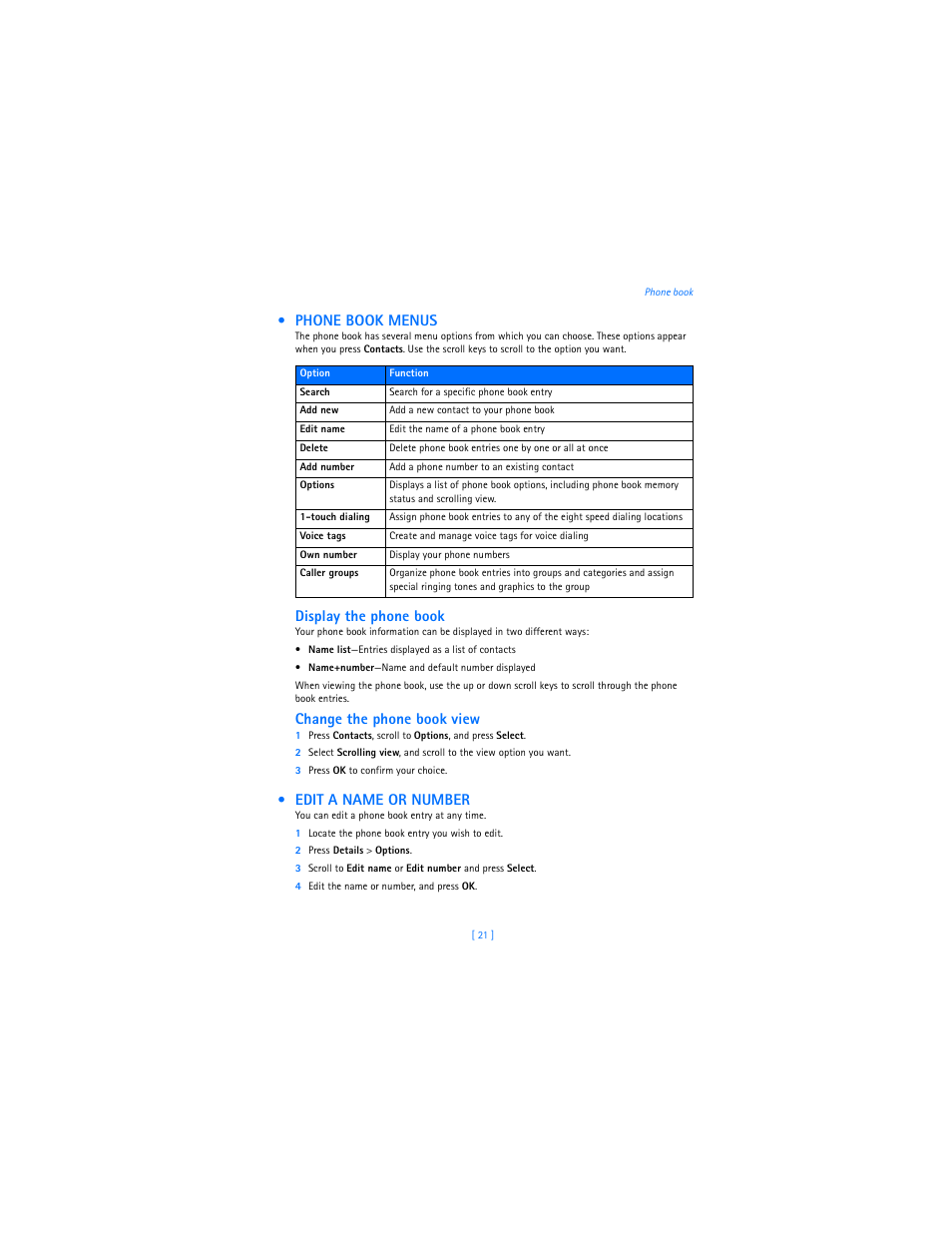 Phone book menus, Edit a name or number, Display the phone book | Change the phone book view | Nokia 2285 User Manual | Page 26 / 201