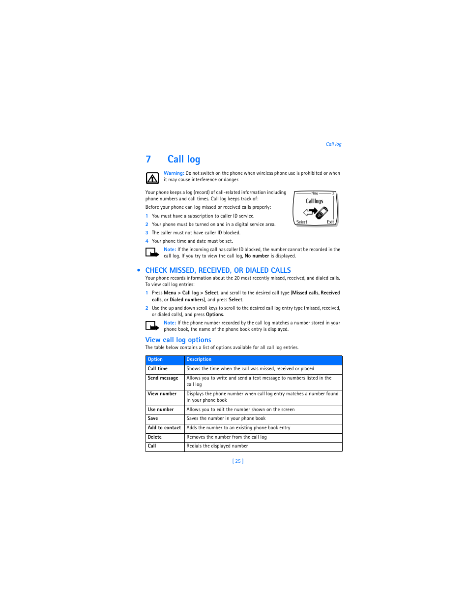 7 call log, Check missed, received, or dialed calls, 7call log | View call log options | Nokia 2285 User Manual | Page 30 / 201