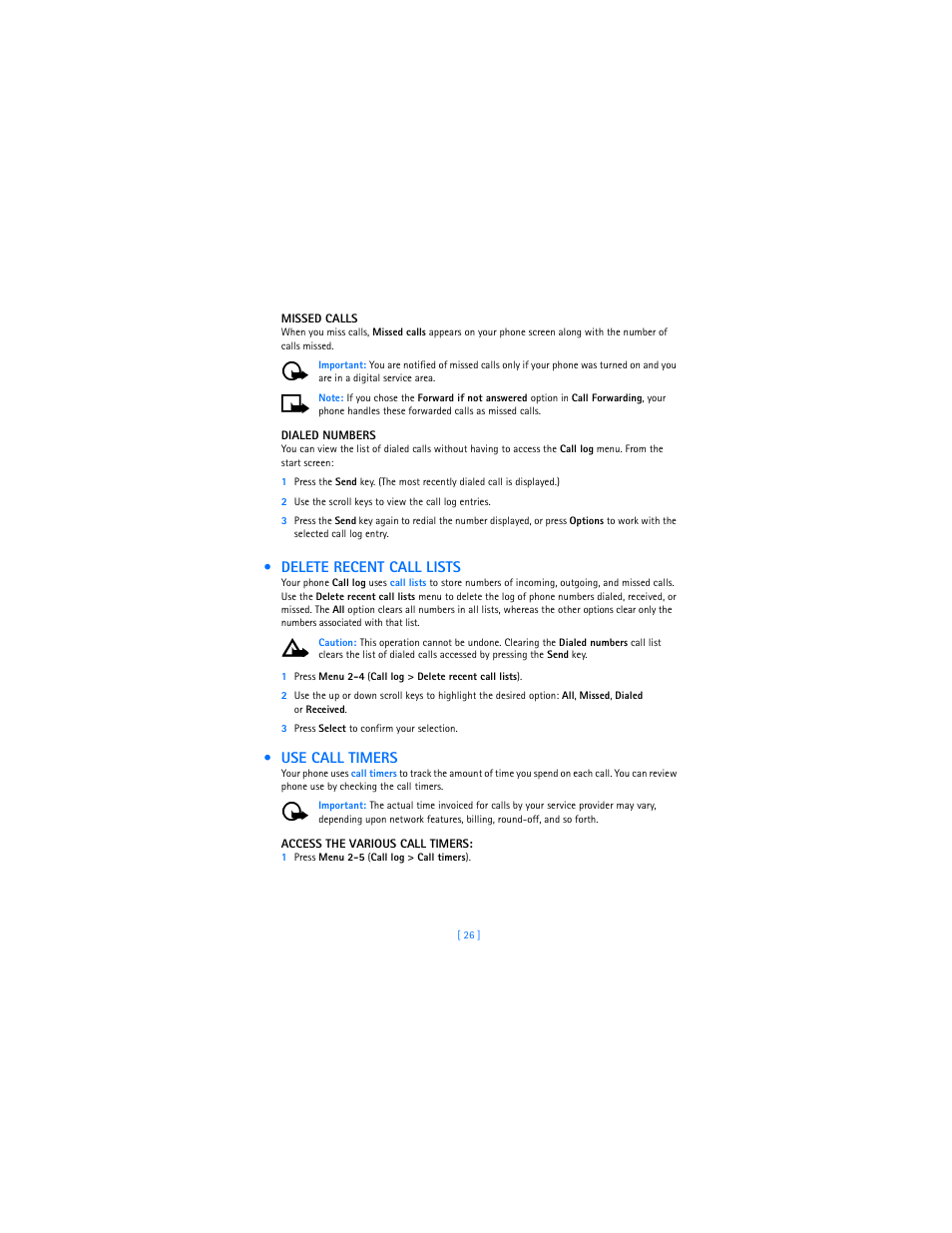 Delete recent call lists, Use call timers | Nokia 2285 User Manual | Page 31 / 201