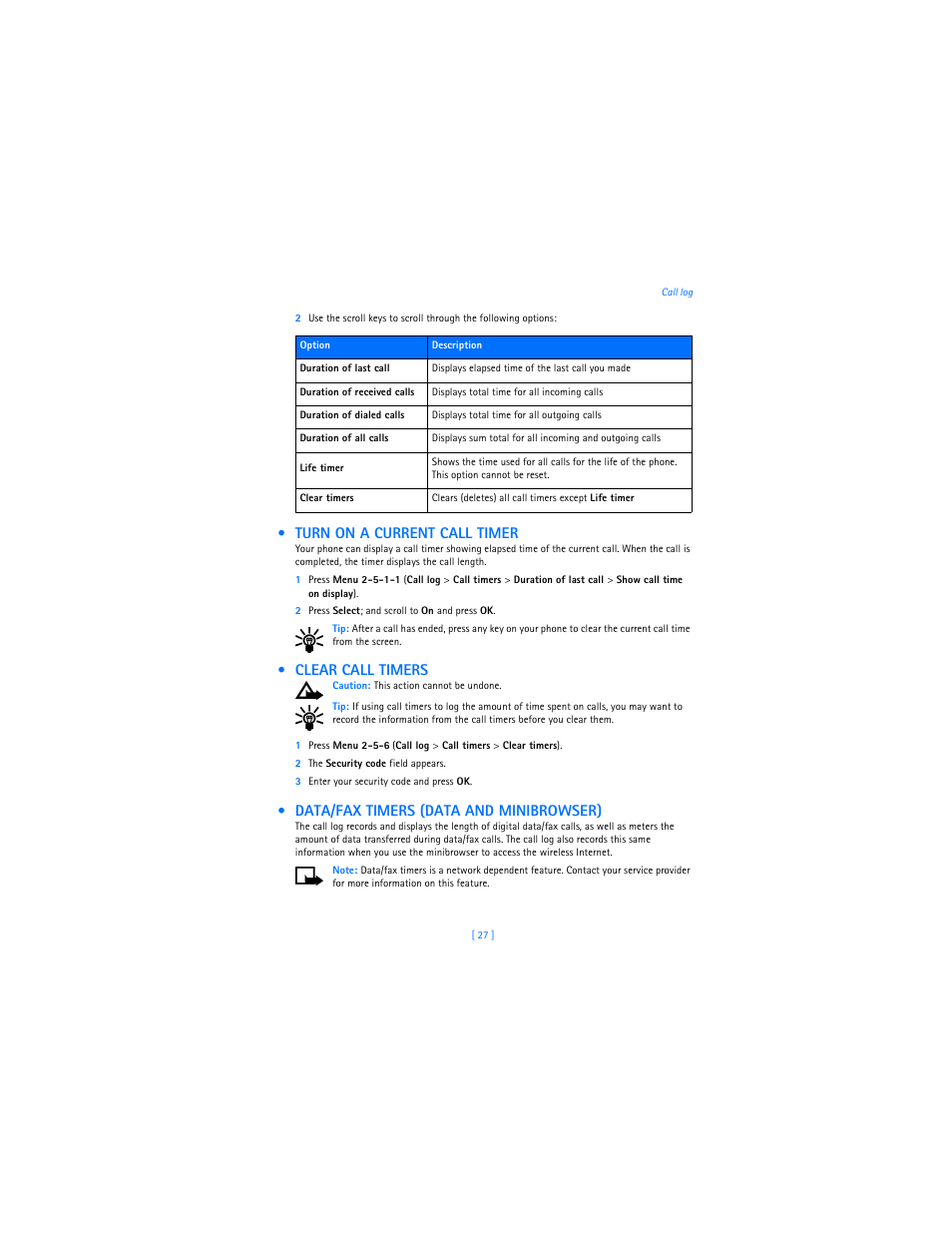 Turn on a current call timer, Clear call timers, Data/fax timers (data and minibrowser) | Nokia 2285 User Manual | Page 32 / 201