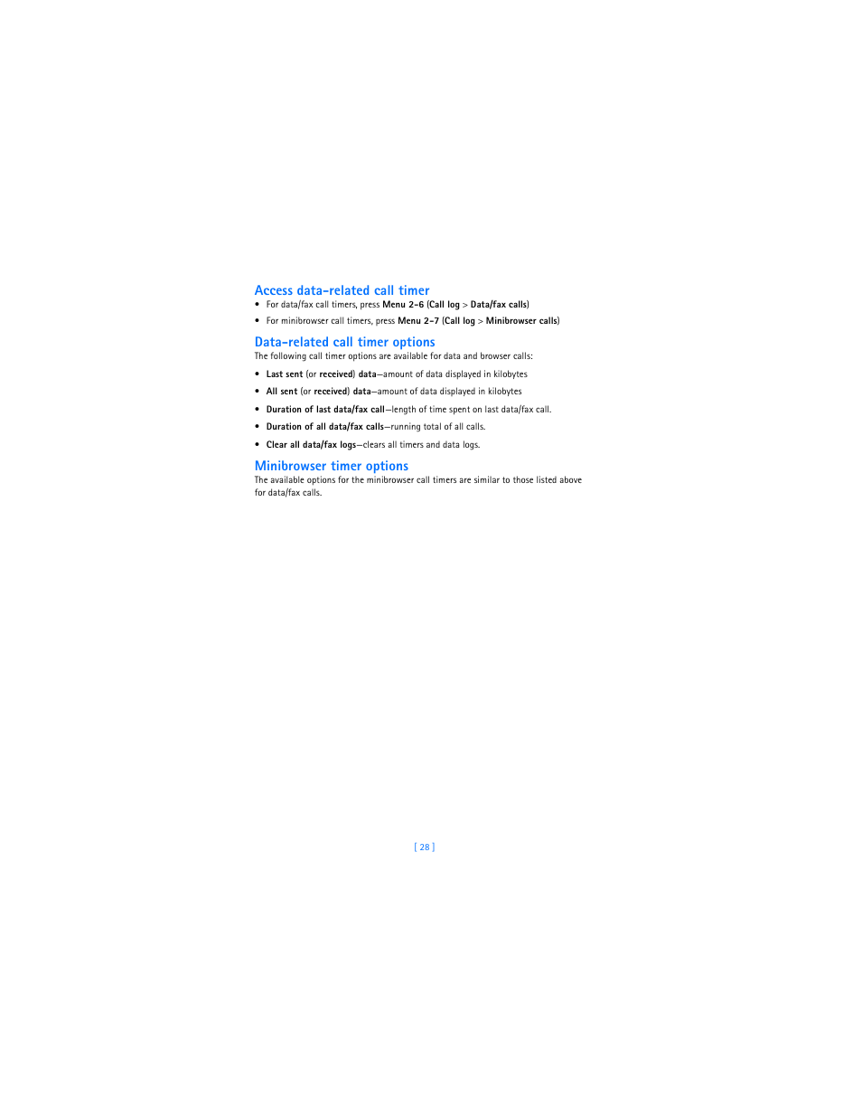Access data-related call timer, Data-related call timer options, Minibrowser timer options | Nokia 2285 User Manual | Page 33 / 201