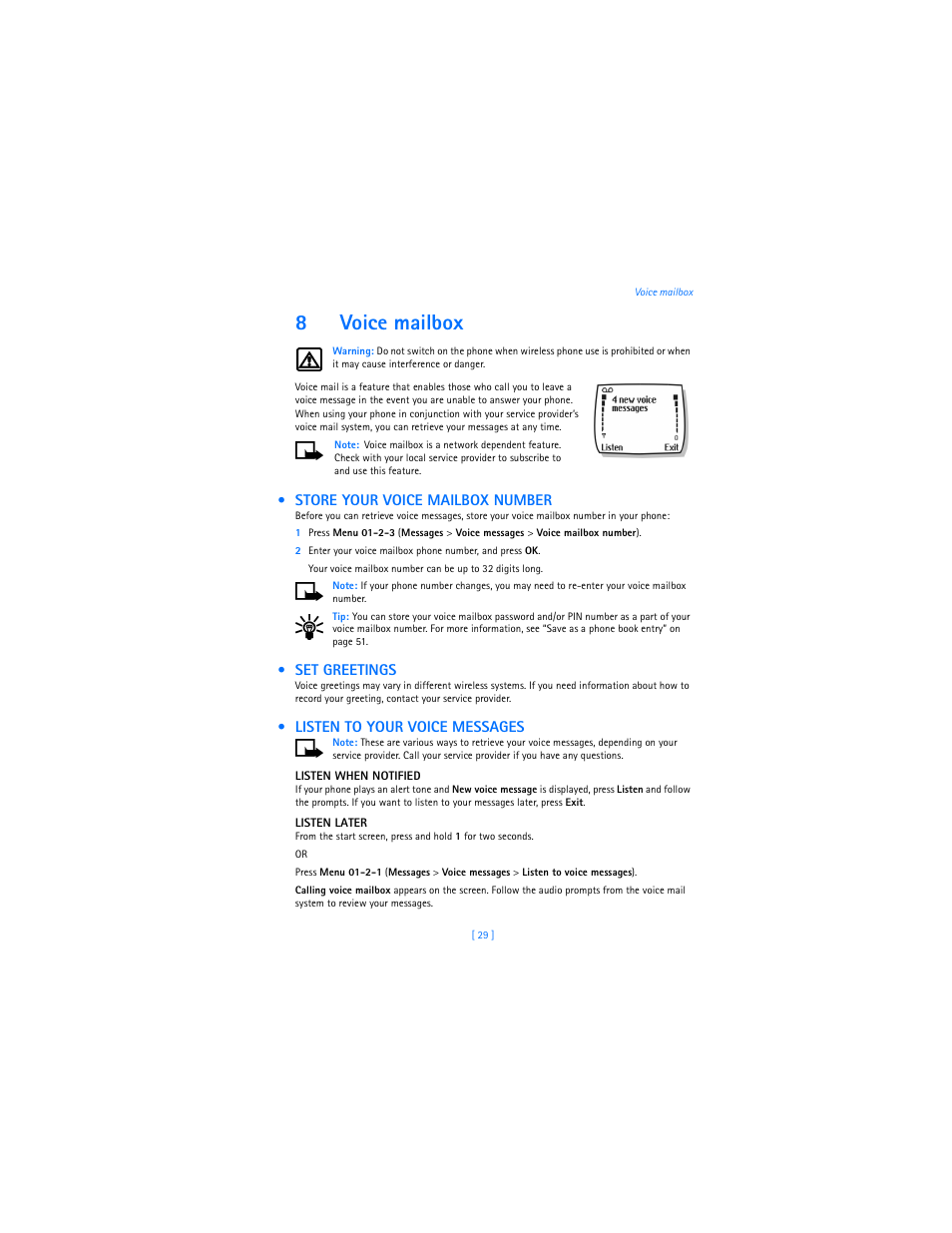 8 voice mailbox, Store your voice mailbox number, Set greetings | Listen to your voice messages, 8voice mailbox | Nokia 2285 User Manual | Page 34 / 201