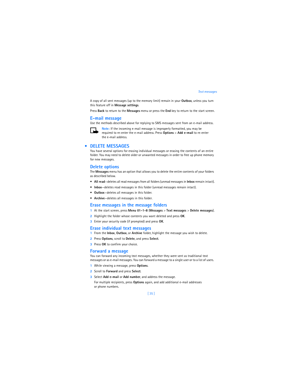 Delete messages, E-mail message, Delete options | Erase messages in the message folders, Erase individual text messages, Forward a message | Nokia 2285 User Manual | Page 40 / 201
