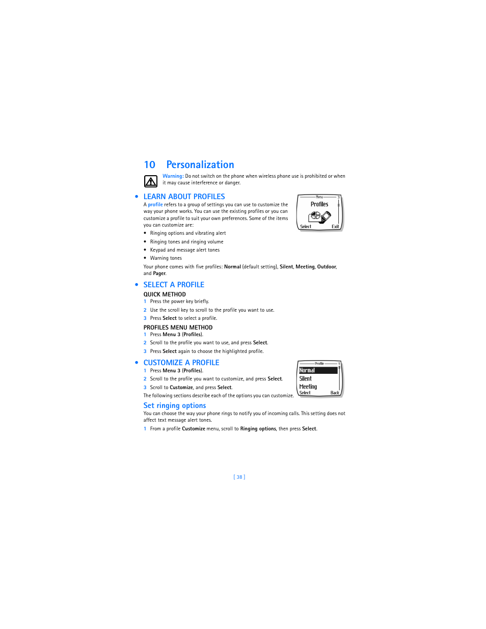 10 personalization, Learn about profiles, Select a profile | Customize a profile, Set ringing options | Nokia 2285 User Manual | Page 43 / 201