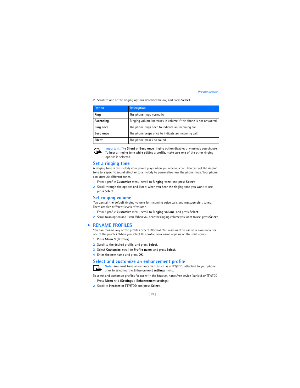 Rename profiles, Set a ringing tone, Set ringing volume | Select and customize an enhancement profile | Nokia 2285 User Manual | Page 44 / 201